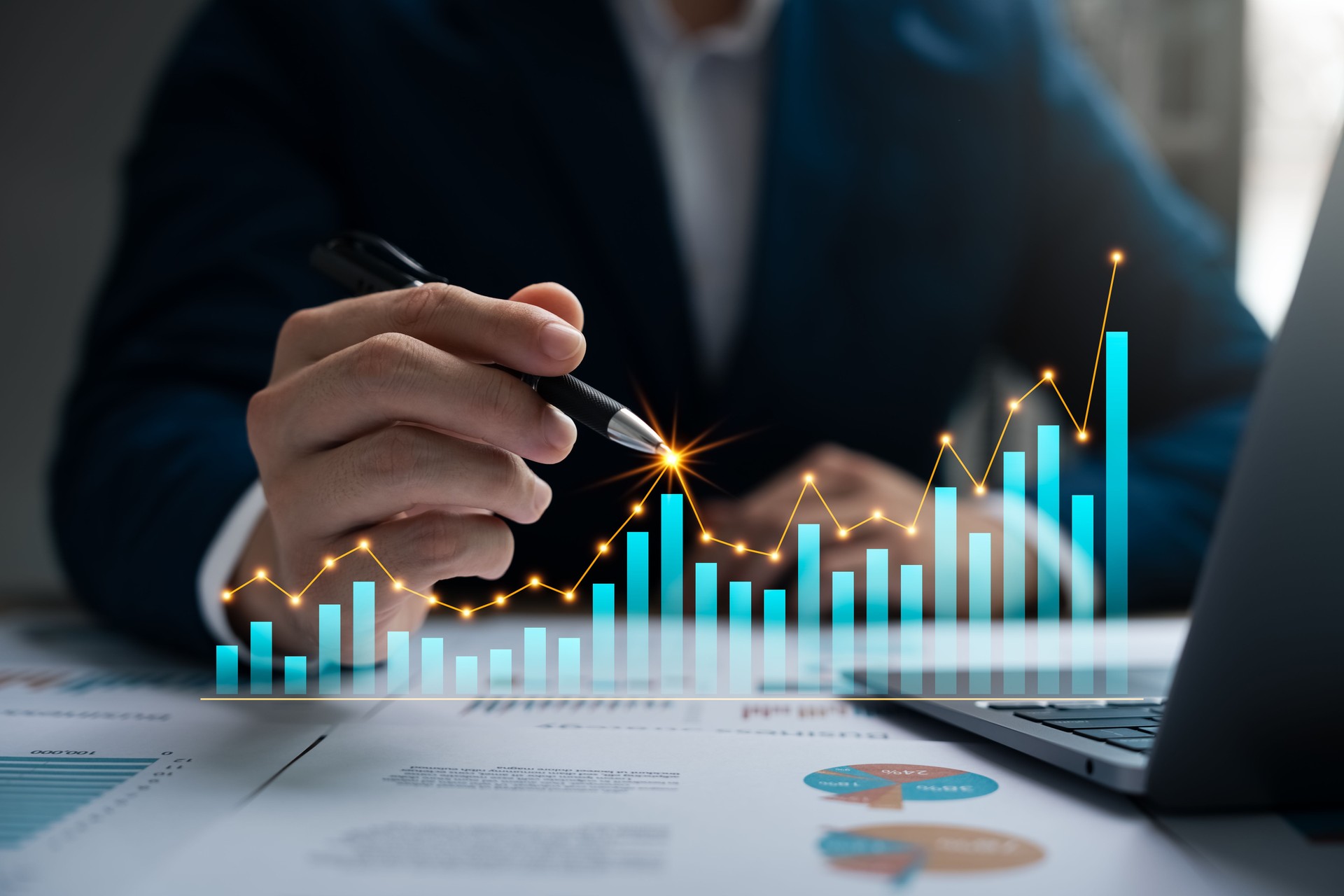 Finance and return on investment, businessman analyzing data chart.