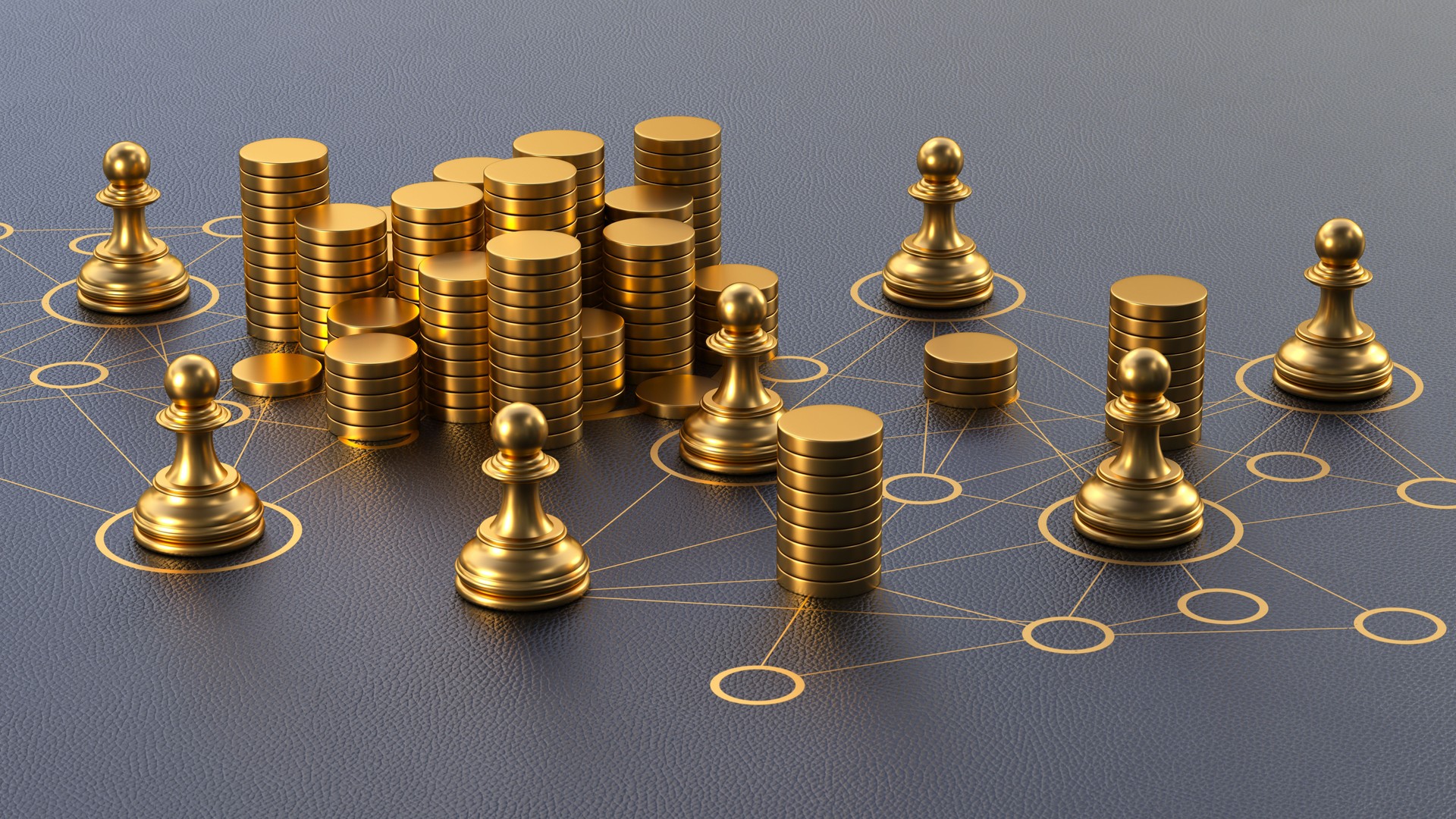 Global Business Network Depicting Wealth Distribution and Capital Flow: Golden Coins and Pawns Connected in a Financial Web. 3D Rendering